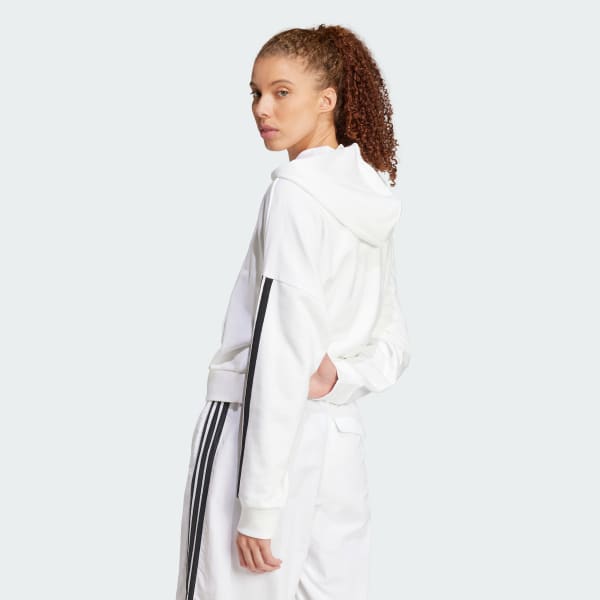 Blanc Sweat-shirt à capuche zip 1/4 french terry 3 bandes Essentials