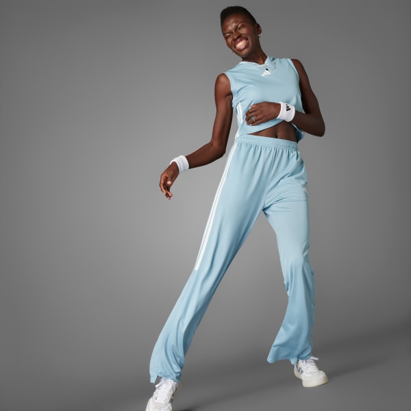 Azul Calça Wide Leg Malha Elástica Tiro Cut Três Listras