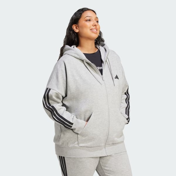 Cinzento Casaco com Capuz de Fleece com Fecho Integral e as 3 Riscas Essentials (Plus Size)