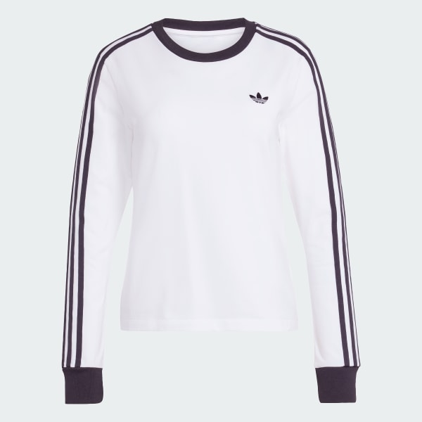 White 3-스트라이프 롱 슬리브 슬림 핏 티셔츠