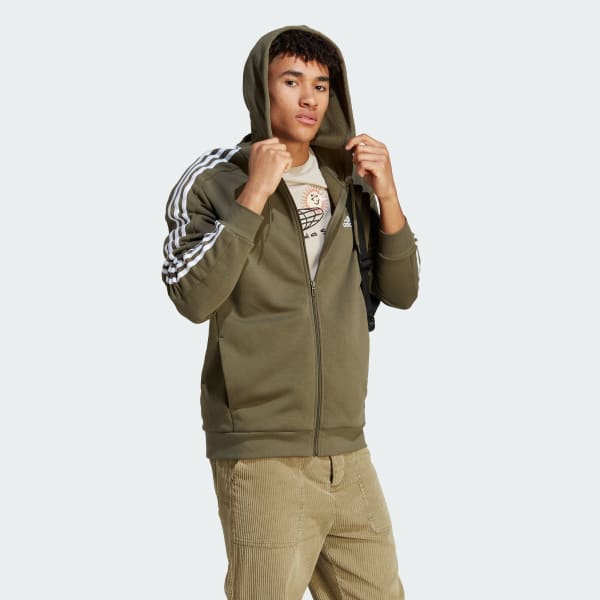 adidas Essentials Fleece 3-Stripes Full-Zip Hoodie Green Men's Lifestyle | adidas US