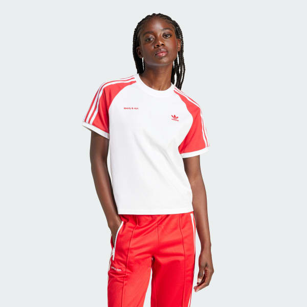Red and white adidas shirt womens cheap
