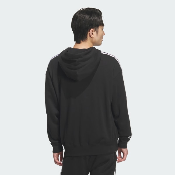 Black 에센셜 플러스 루즈 핏 3-스트라이프 프렌치 테리 전장 지퍼 후디