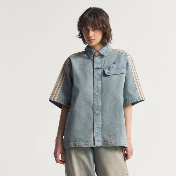 สีน้ำเงิน เสื้อเชิ้ตเดนิมแขนสั้น Premium Essentials