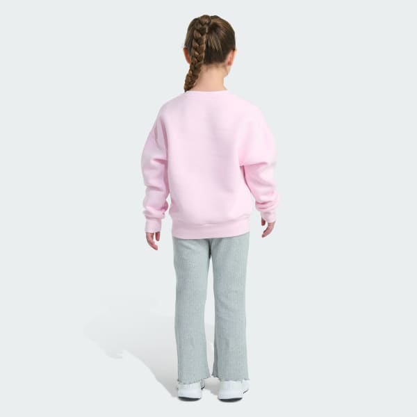 Pink 2-Piece Long Sleeve Crewneck Fleece Pullover & Ribbed Flare Pant Set

