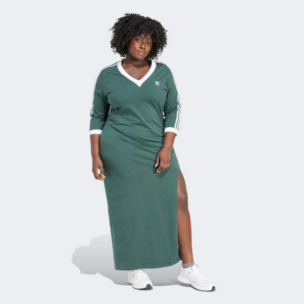 adidas Adicolor Classics 3 Stripes V Neck Maxi Dress Plus Size Green Free Shipping with adiClub adidas US