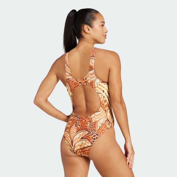 Brown adidas x FARM Rio 3-Stripes Swimsuit
