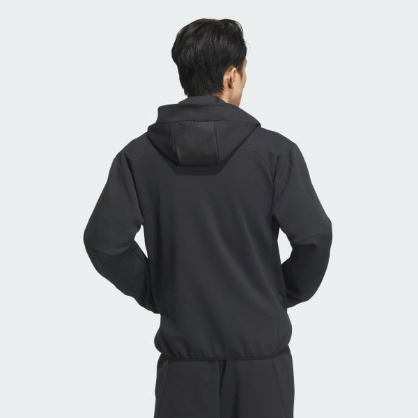 ゆう　アディダス オールブラック レザーライク ジャケット フード付 ゆう アディダス オールブラック レザーライク ジャケット