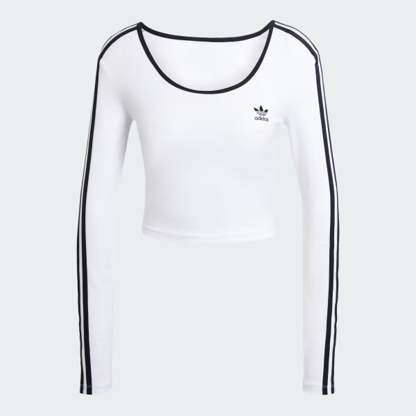 Branco Camiseta Cropped Manga Longa Adicolor Três Listras