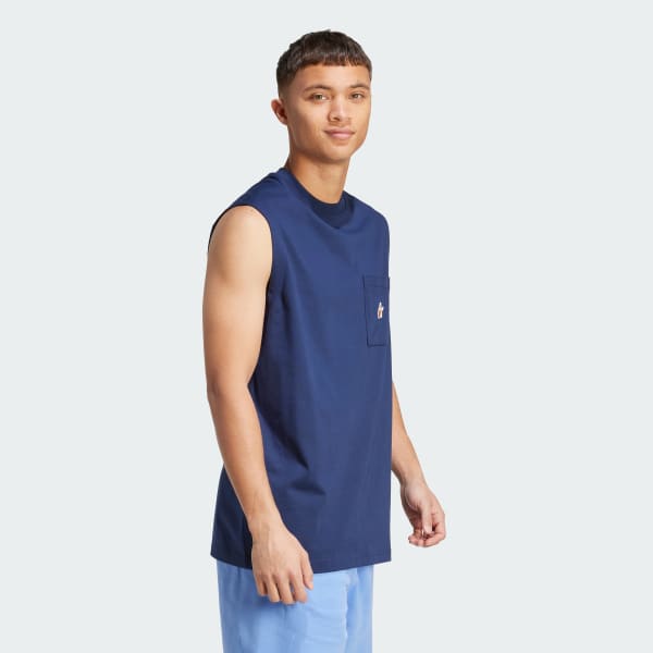 สีน้ำเงิน เสื้อกล้ามลายกราฟิก Dog Hoop พร้อมแบบปะ