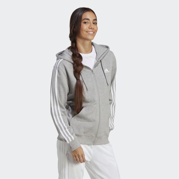 Szary Essentials 3-Stripes French Terry Regular Full-Zip Hoodie