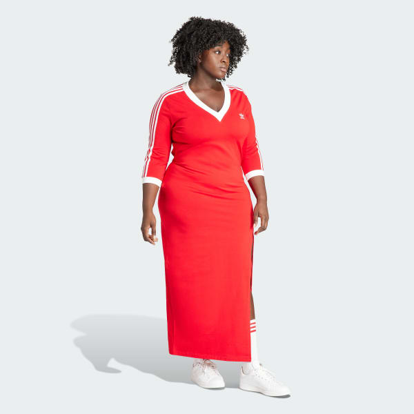 adidas Adicolor Classics 3-Stripes V-Neck Maxi Dress (Plus Size) - Red, Women's Lifestyle