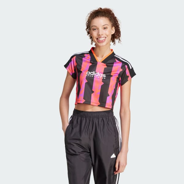 Pink adidas top with black stripes clearance