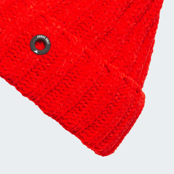 Red Chenille Cable-Knit Pom Beanie