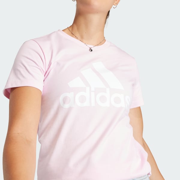 White adidas shirt with pink logo store
