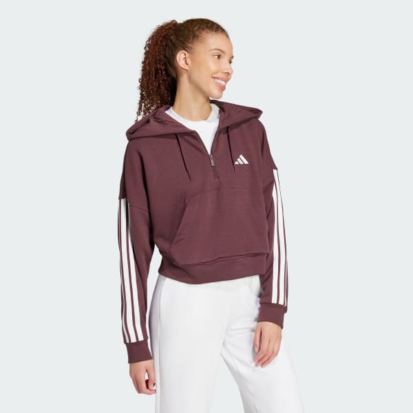 Burgundy Essentials 3-Stripes French Terry Quarter-Zip hættetrøje