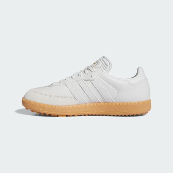 All white adidas with gum bottom clearance