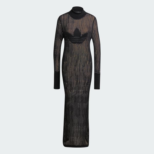 Negro Vestido largo tejido desgastado Fashion Trefoil