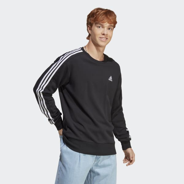 adidas Essentials French Terry 3-Stripes Sweatshirt - Black | Men's Lifestyle adidas Sportswear