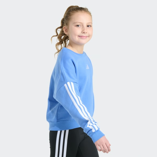 Blue Long Sleeve 3-Stripes Crewneck Fleece Pullover Sweatshirt

