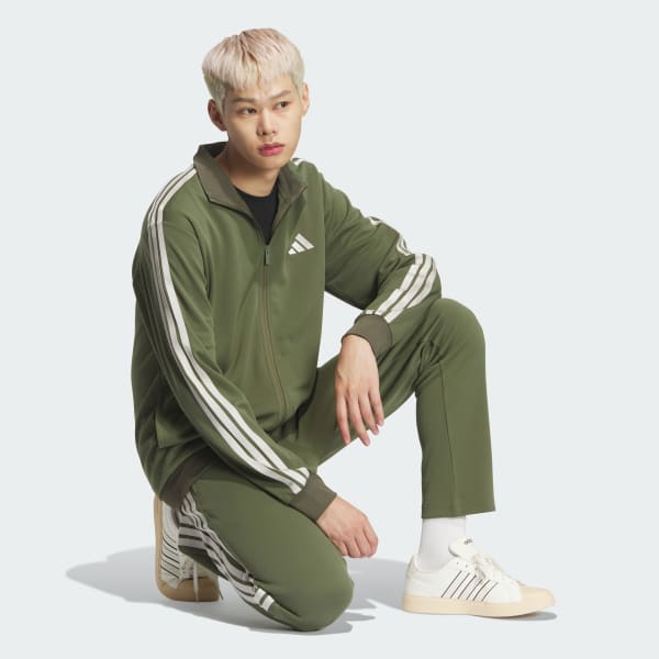 Green 3-스트라이프 레귤러 핏 더블 니트 트랙탑