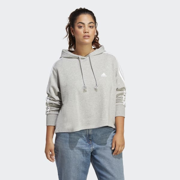 Grey Essentials 3-Stripes French Terry Crop Hoodie (Plus Size)