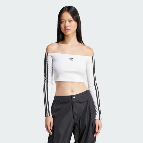 White Adicolor Off Shoulder Long Sleeve Tee