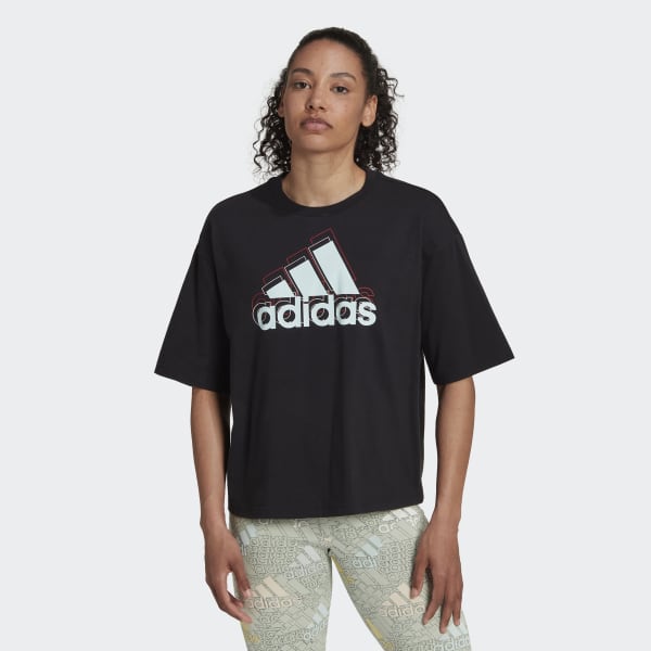 Black Essentials Multi-Colored Logo Loose Fit Cropped Tee