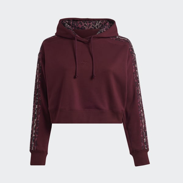 Burgundy 3-Stripe Animal Print Crop Hoodie (Plus Size) WU176