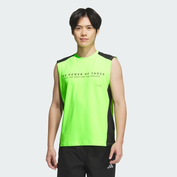 グリーン Adptn レギュラーフィット ホリゾンタル ストライプス テクスチャード ダブルニット ノースリーブTシャツ