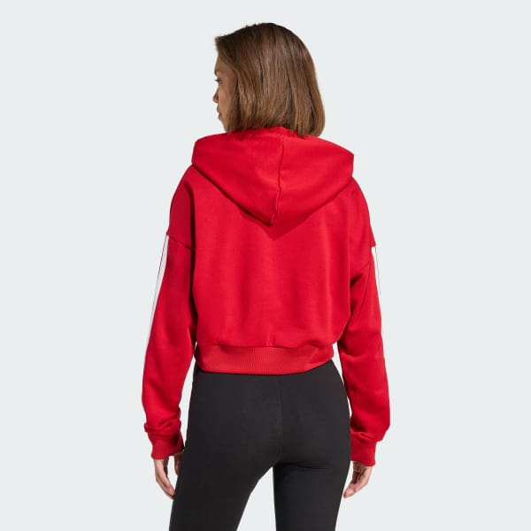 Rojo Sudadera Corta con Gorro Essentials 3 Franjas Felpa Francesa