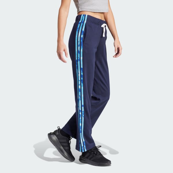 Azul Pantalón de Felpa Francesa Estampado Floral 3 Tiras