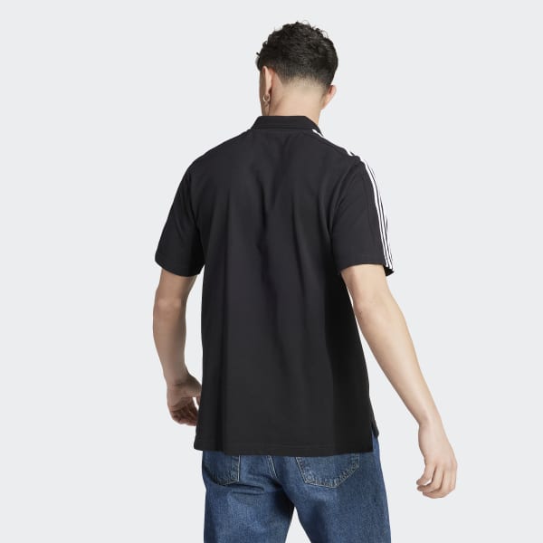 Black Essentials Piqué Embroidered Small Logo 3-Stripes Polo Shirt