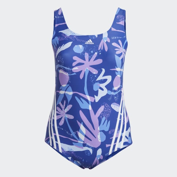 Blau Floral 3-Streifen Badeanzug – Große Größen
