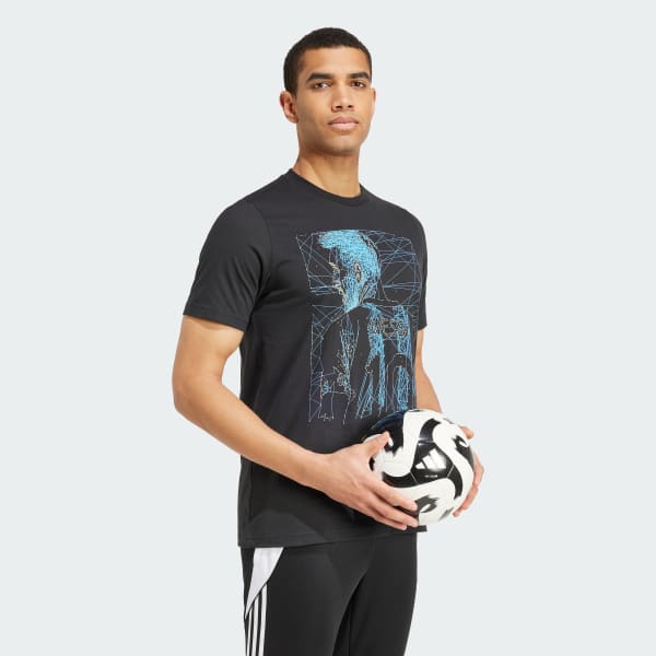 สีดำ เสื้อยืดพิมพ์ลาย Messi Football
