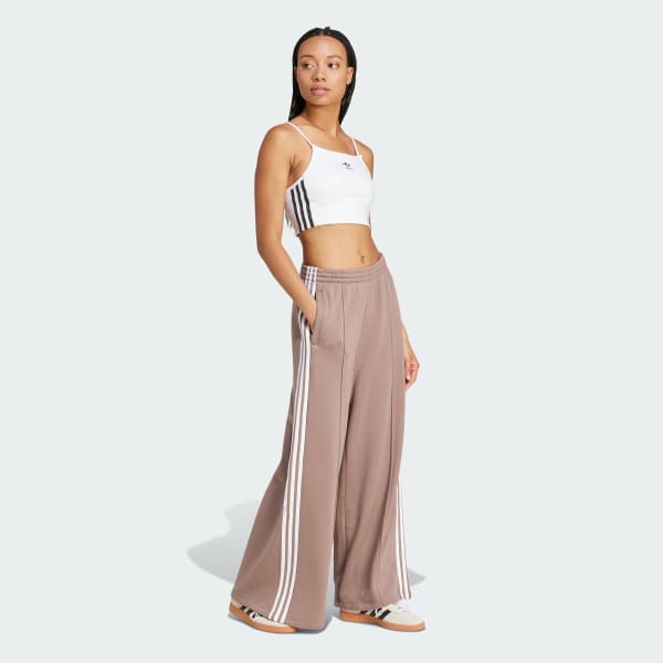 adidas 3-Stripes Loose French Terry Wide Leg Pants - Brown