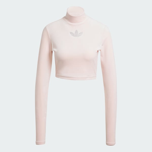 Pink Long Sleeve Rhinestone Trefoil Velvet Crop Top