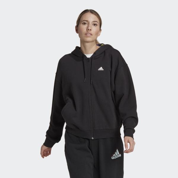 Negro Polera con Capucha y Cierre Frontal de Corte Holgado Essentials Logo Multicolor SX119