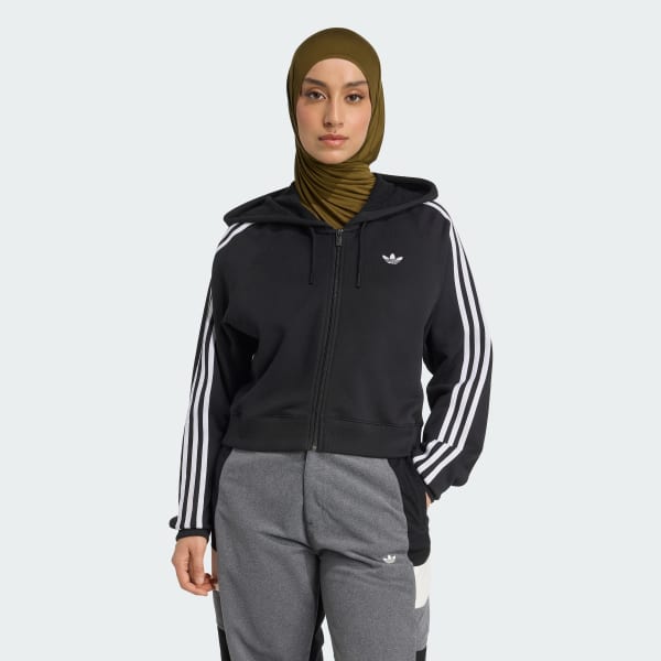 Black 아디컬러 3-스트라이프 숏 지퍼 후디