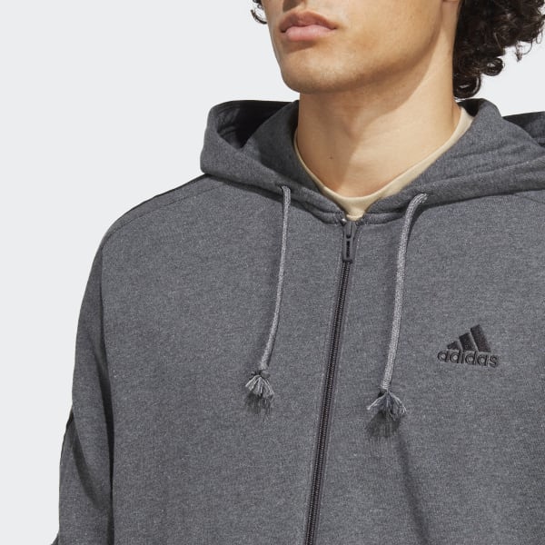 Szary Essentials French Terry 3-Stripes Full-Zip Hoodie
