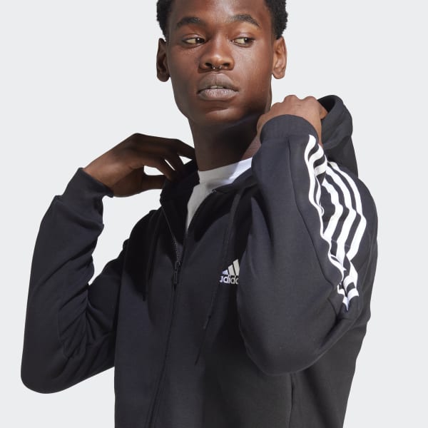 adidas Essentials Fleece 3-Stripes Full-Zip Hoodie - Black | Men\'s  Lifestyle | adidas US | Sweatshirts