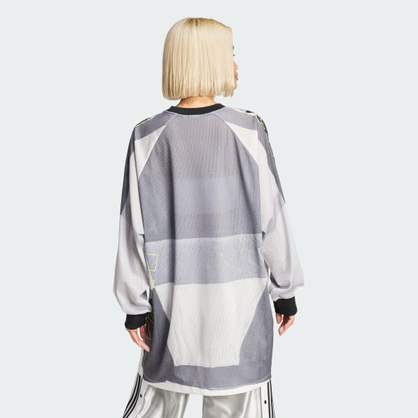 สีเทา เสื้อยืดแขนยาวทรงโอเวอร์ไซส์ผ้าตาข่ายพิมพ์ลายกราฟิก Adilenium Season 2