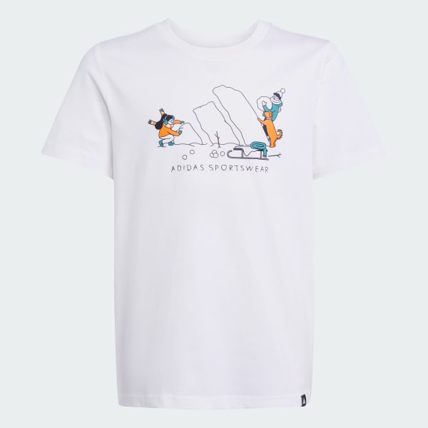 สีขาว เสื้อยืดพิมพ์ลายกีฬาฤดูหนาวสำหรับเด็ก