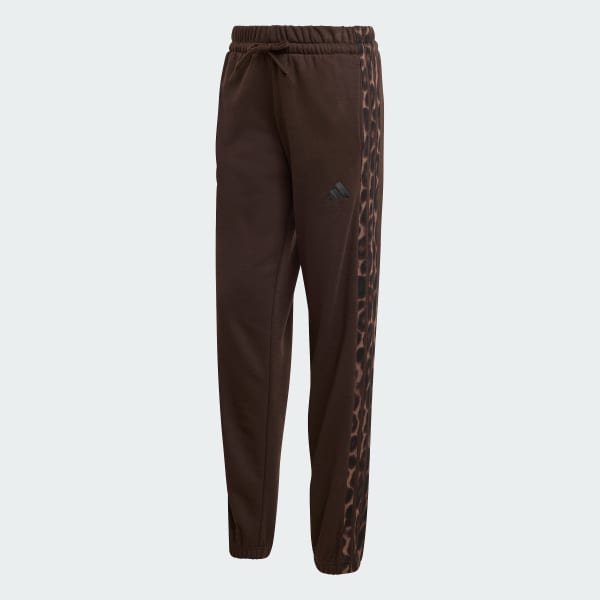 Brown Seasonal Essentials Leopard Print French Terry Pants with 3-Stripes