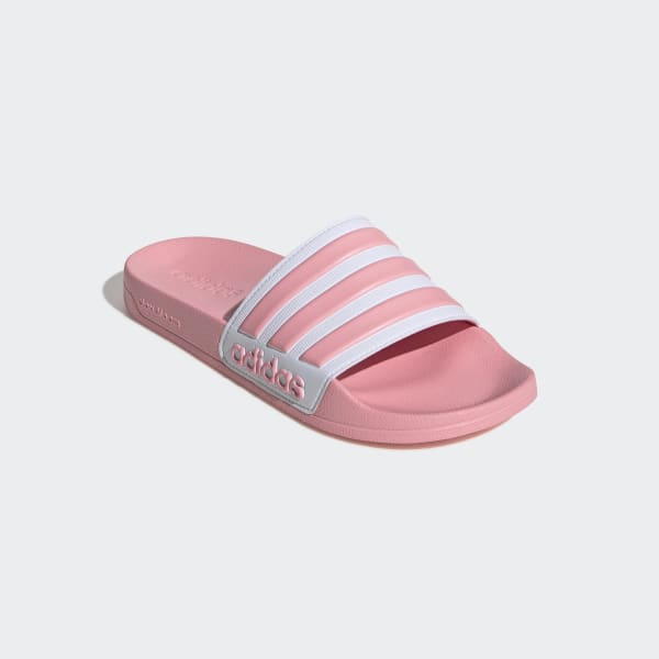 pink and white adidas slides