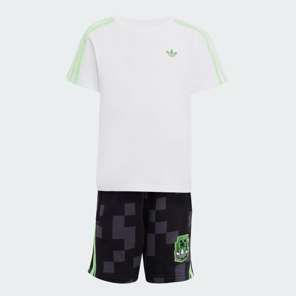 Hvid adidas Originals X Minecraft sæt med shorts og T-shirt til børn
