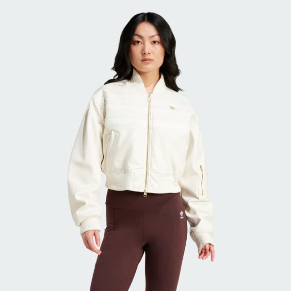 Adidas Premium Pleather Bomber Jacket Women Off White XL