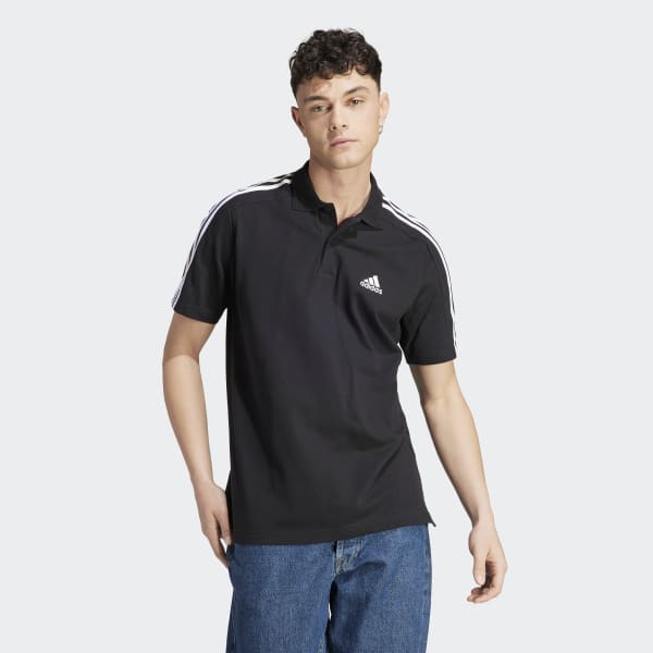Svart Essentials Piqué Embroidered Small Logo 3-Stripes Polo Shirt