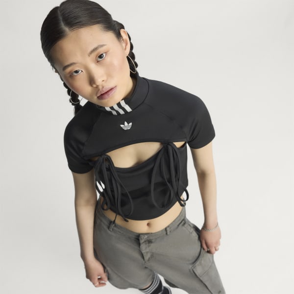 正品 adidas Ribbon Top リボンカットアウトクロップトップ アディダス リボン カットアウト クロップトップス - ブラック