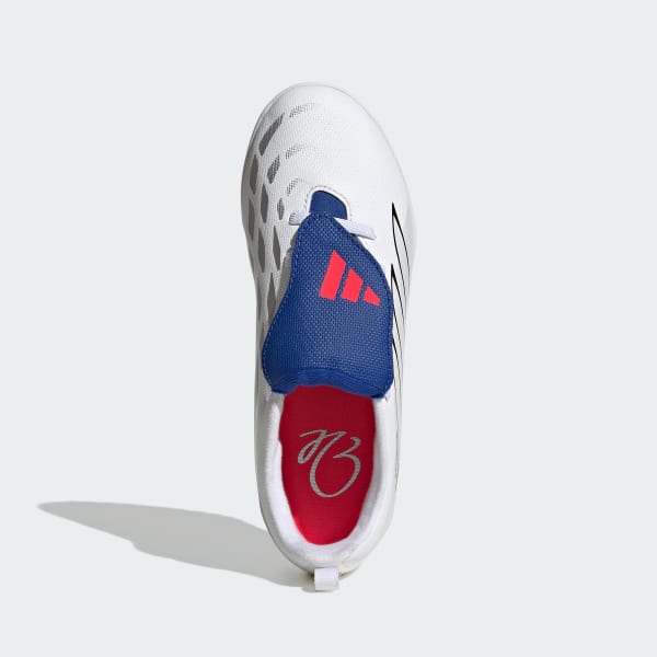 Blanco Zapatos de fútbol PREDATOR CLUB de lengüeta plegable para césped artificial para niños con cordones elásticos